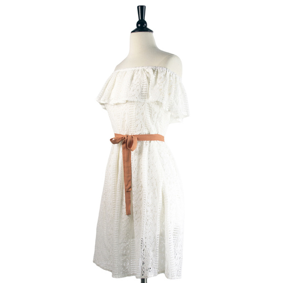 Frock Shop | White Tiered Lace Off Shoulder Dress with Sash - Picture 2 of 4